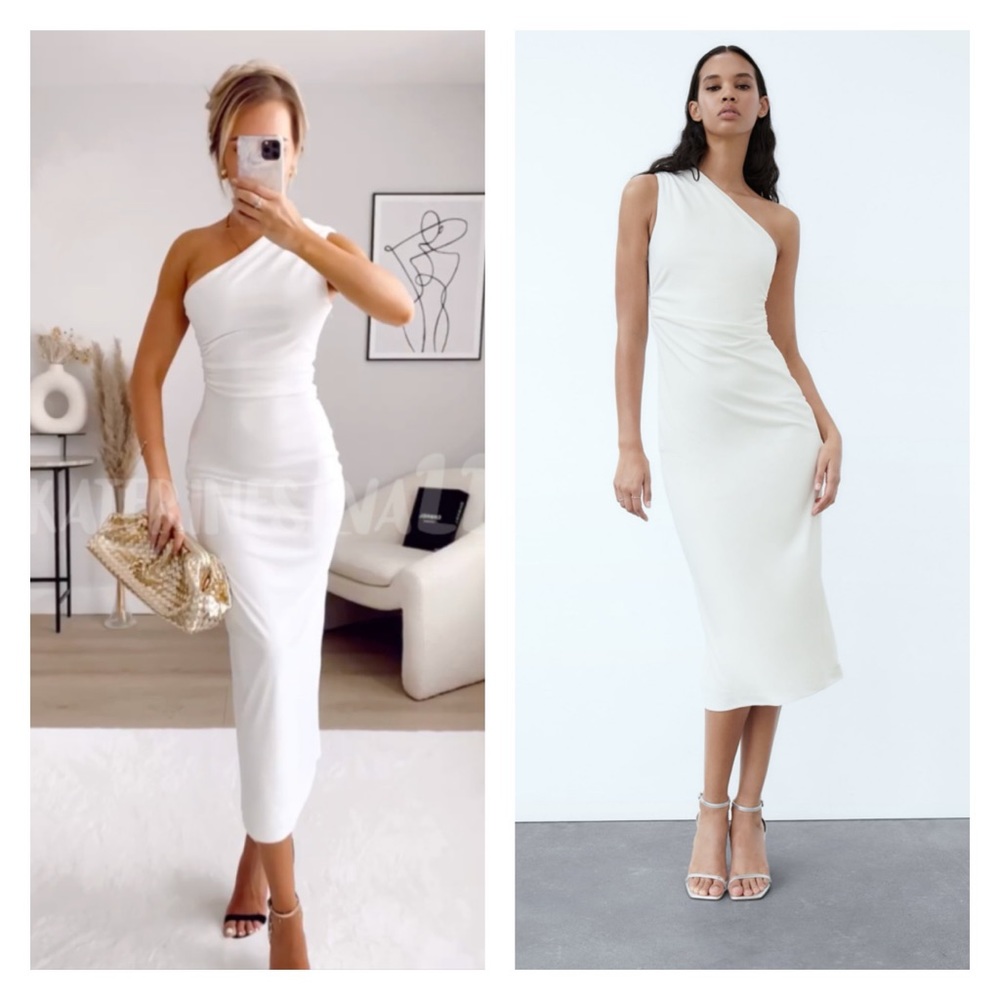 ZARA White Asymmetrical One Shoulder Ruched Midi Dress Medium Blogger Favorite